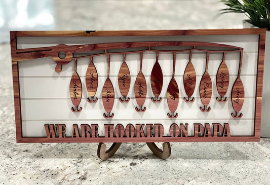 Hooked on Dad/Grandpa/papa engraved sign, gifts for papa, fishing sign, Personalized fishing christmas gifts for him. Father's Day Gift Birthday Gift Retirement gift.
