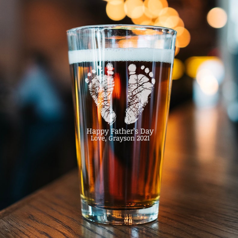 Engraved Baby Footprints Glass, Father's Day Gift, Handprint Beer Glass Personalized Beer Glass For Him New Dad Gift