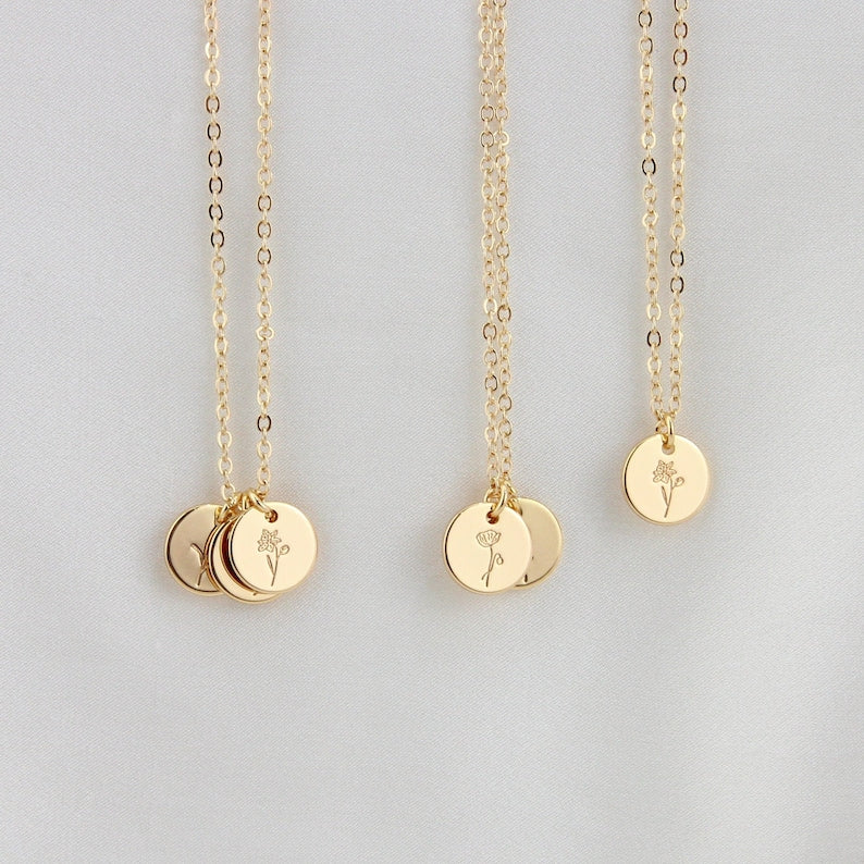 Personalized Birth Flower Disc Necklace, Month Initial Charm Necklace, Chain Necklace Jewellery, Christmas Bridesmaid Gift for Wedding/Mom