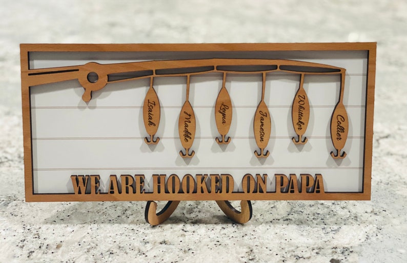 Hooked on Dad/Grandpa/papa engraved sign, gifts for papa, fishing sign, Personalized fishing christmas gifts for him. Father's Day Gift Birthday Gift Retirement gift.