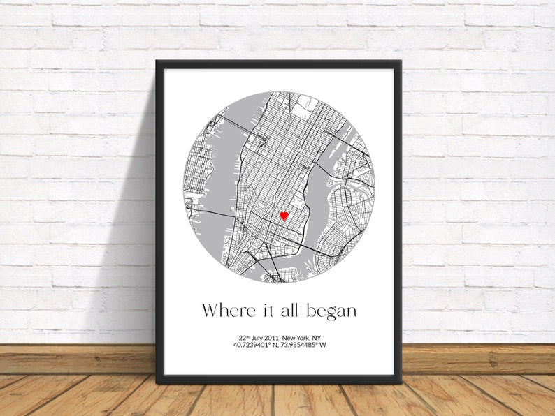 Where It All Began, Where We Met Map, Anniversary Gift, Heart Map, Our Story, First Date Gift, The Night We Met, Our First Date Memory Heart