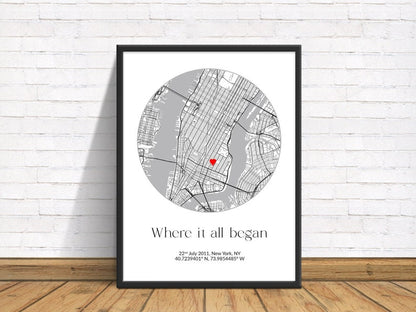 Where It All Began, Where We Met Map, Anniversary Gift, Heart Map, Our Story, First Date Gift, The Night We Met, Our First Date Memory Heart
