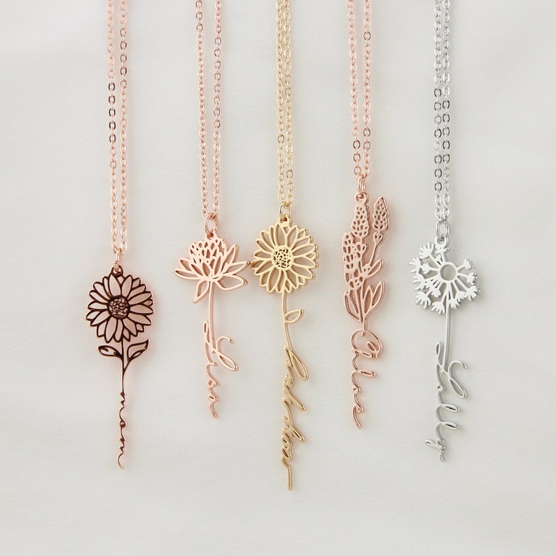 Custom Name Necklace with Birth Flower, Personalized Flower Jewelry Gift for Her, Handmade Birthday gift, Bridesmaid Gift for Mother's Day