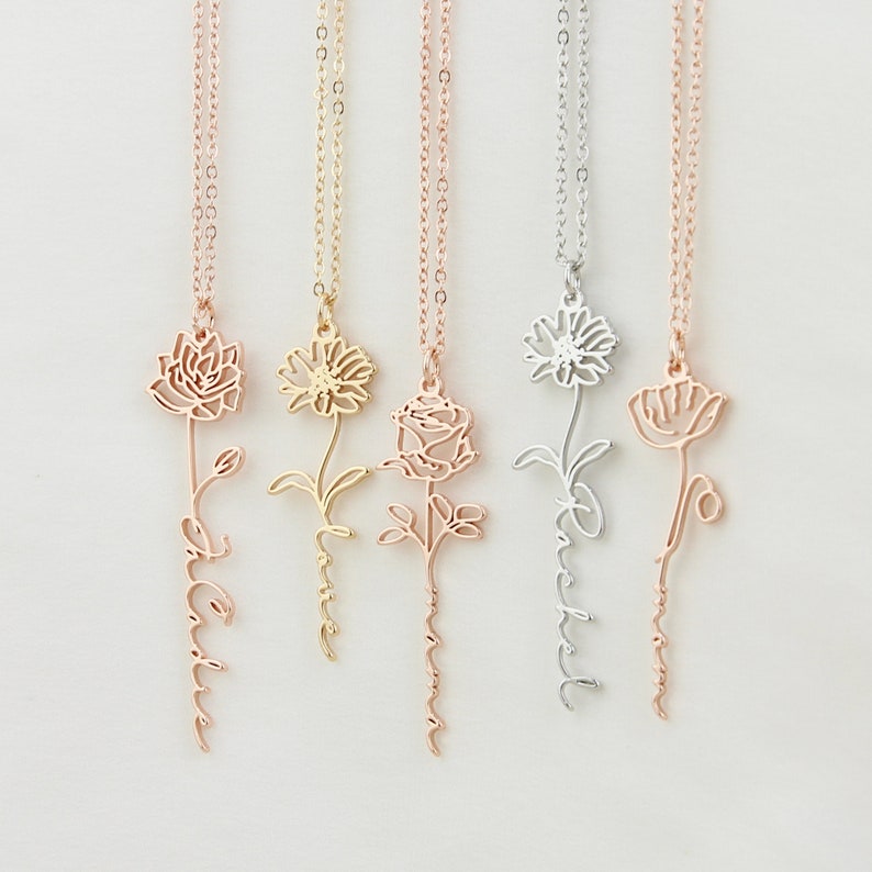 Custom Name Necklace with Birth Flower, Personalized Flower Jewelry Gift for Her, Handmade Birthday gift, Bridesmaid Gift for Mother's Day