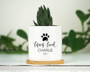 Personalized Dog Memorial Gift Planter - White Ceramic Pot w/ Bamboo Tray - Forever Loved - Dog Sympathy Gift - Pet Memorial