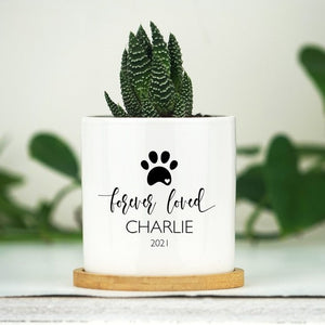 Personalized Dog Memorial Gift Planter - White Ceramic Pot w/ Bamboo Tray - Forever Loved - Dog Sympathy Gift - Pet Memorial