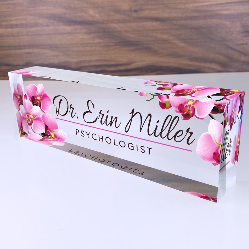 Office Desk Name Plate Personalized | Custom Name Plates for Desks | Flowers Designs On Clear Acrylic Glass | Office Desk Decor