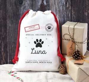 Personalised Pet Santa Sack, Dog or Cat Christmas Stocking, Xmas Treat Bag, Pet Gift, Santa Paws