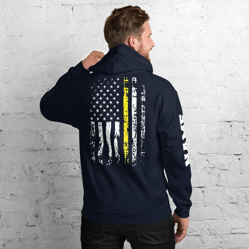 Dispatcher Hoodie Name Print on Sleeve Personalized Distressed USA Flag 911 Dispatcher Gift Thin Yellow Line American Flag Customized