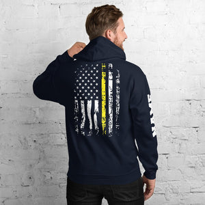 Dispatcher Hoodie Name Print on Sleeve Personalized Distressed USA Flag 911 Dispatcher Gift Thin Yellow Line American Flag Customized