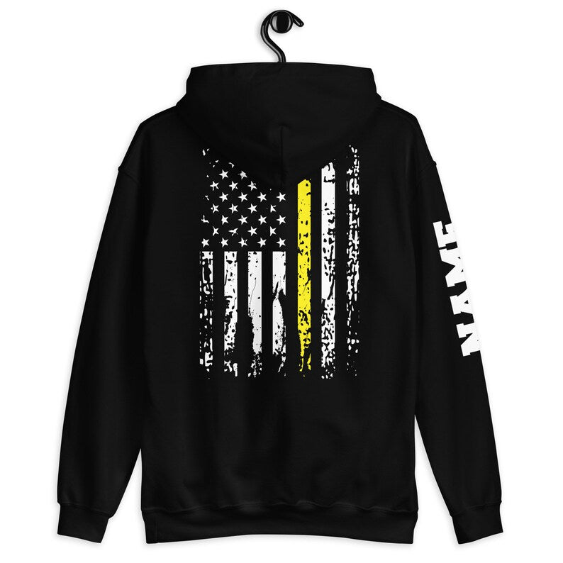 Dispatcher Hoodie Name Print on Sleeve Personalized Distressed USA Flag 911 Dispatcher Gift Thin Yellow Line American Flag Customized