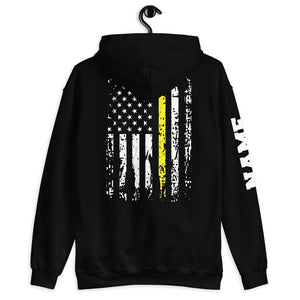 Dispatcher Hoodie Name Print on Sleeve Personalized Distressed USA Flag 911 Dispatcher Gift Thin Yellow Line American Flag Customized