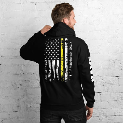Dispatcher Hoodie Name Print on Sleeve Personalized Distressed USA Flag 911 Dispatcher Gift Thin Yellow Line American Flag Customized