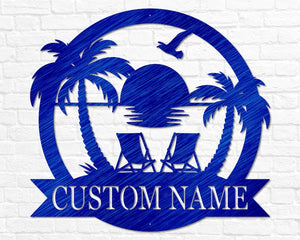 Custom Beach Decor | Nautical Decor | Lake House Decor | Summer Beach House Sign | Metal Coastal Decor | Outdoor Sign Sunset Beach Monogram