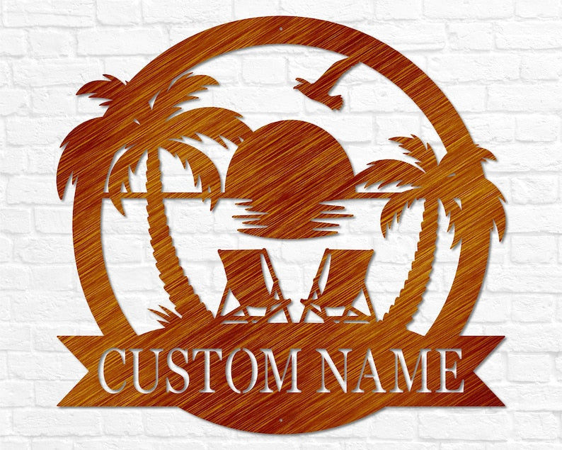 Custom Beach Decor | Nautical Decor | Lake House Decor | Summer Beach House Sign | Metal Coastal Decor | Outdoor Sign Sunset Beach Monogram