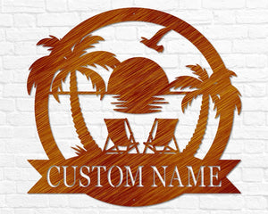 Custom Beach Decor | Nautical Decor | Lake House Decor | Summer Beach House Sign | Metal Coastal Decor | Outdoor Sign Sunset Beach Monogram