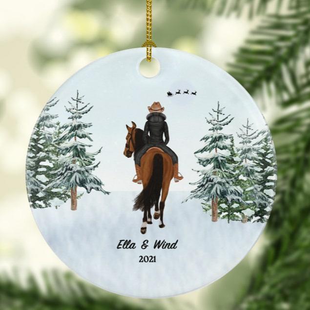 Riding a Horse Rider Christmas Ornament Personalized | Custom Names Horse Lover Gift Girl Female on a Horse