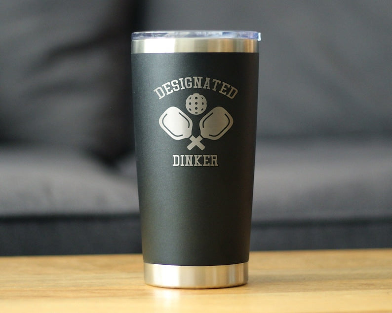 Designated Dinker - Insulated Coffee Tumbler Cup with Sliding Lid - Stainless Steel Insulated Mug - Funny Pickleball Themed Gifts and Decor