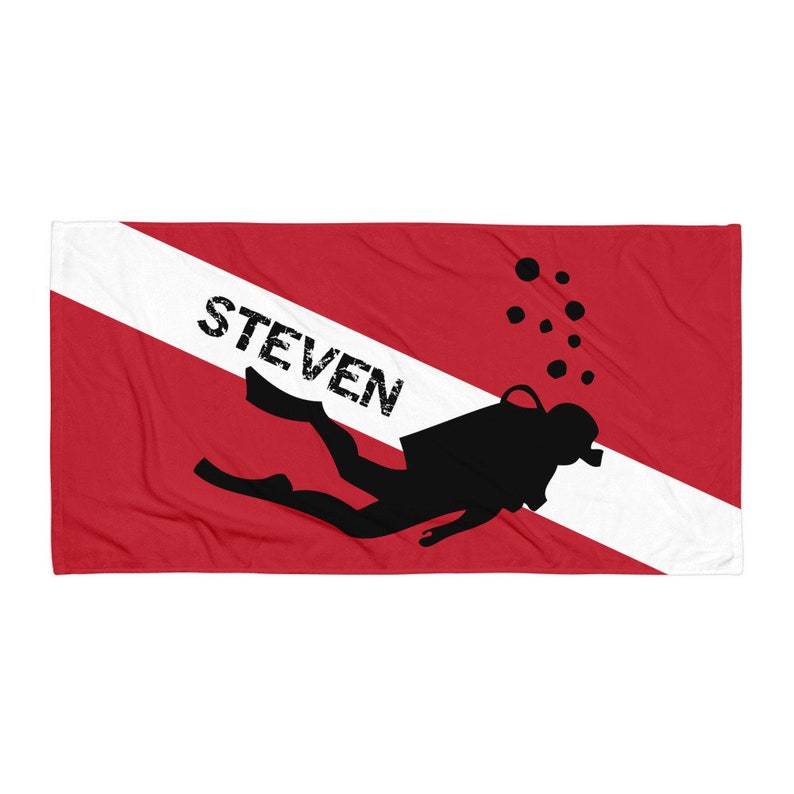 Personalized Diver Down Flag Towel with Name, Scuba Diving Towel, Scuba Diver Gift, Scuba Diving Gift for Deep Sea Diver, Dive Beach Towel
