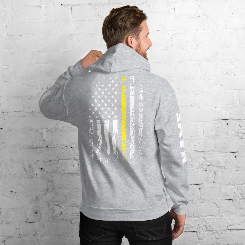 Dispatcher Hoodie Name Print on Sleeve Personalized Distressed USA Flag 911 Dispatcher Gift Thin Yellow Line American Flag Customized