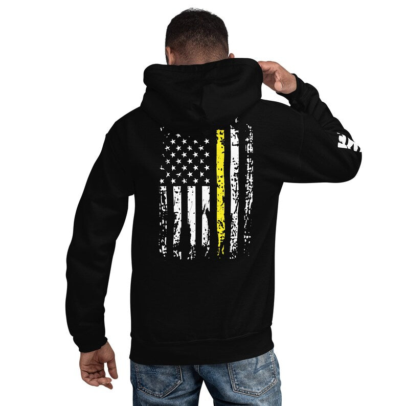 Dispatcher Hoodie Name Print on Sleeve Personalized Distressed USA Flag 911 Dispatcher Gift Thin Yellow Line American Flag Customized