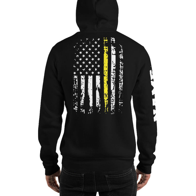 Dispatcher Hoodie Name Print on Sleeve Personalized Distressed USA Flag 911 Dispatcher Gift Thin Yellow Line American Flag Customized
