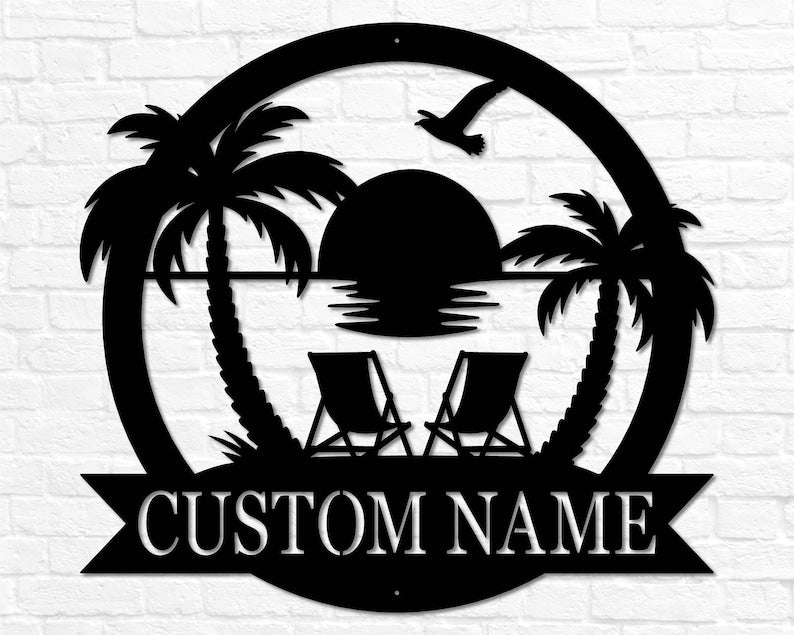 Custom Beach Decor | Nautical Decor | Lake House Decor | Summer Beach House Sign | Metal Coastal Decor | Outdoor Sign Sunset Beach Monogram