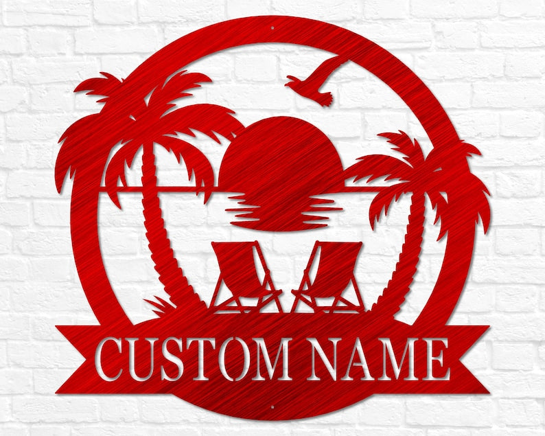 Custom Beach Decor | Nautical Decor | Lake House Decor | Summer Beach House Sign | Metal Coastal Decor | Outdoor Sign Sunset Beach Monogram