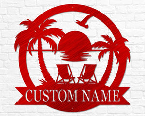 Custom Beach Decor | Nautical Decor | Lake House Decor | Summer Beach House Sign | Metal Coastal Decor | Outdoor Sign Sunset Beach Monogram