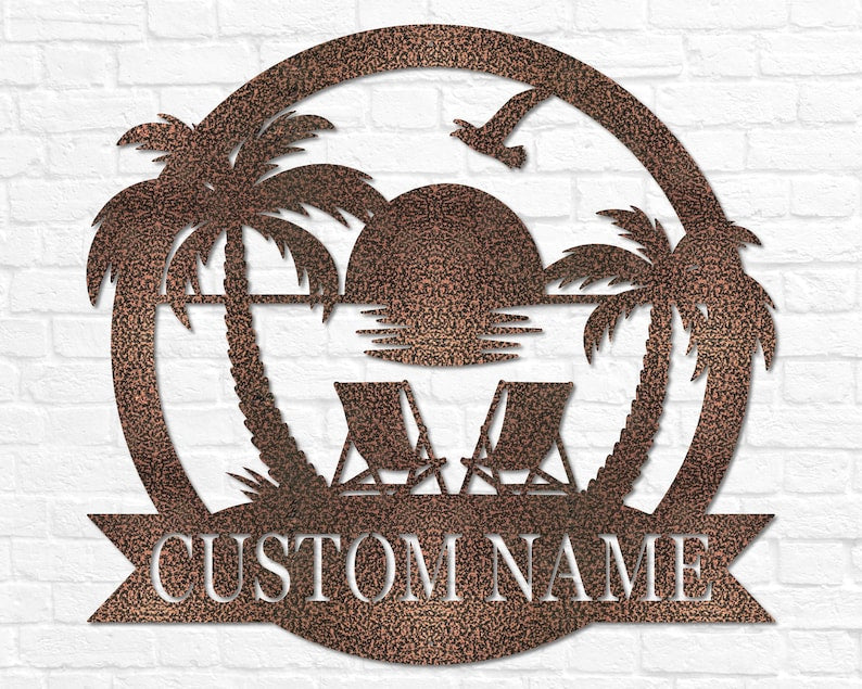 Custom Beach Decor | Nautical Decor | Lake House Decor | Summer Beach House Sign | Metal Coastal Decor | Outdoor Sign Sunset Beach Monogram