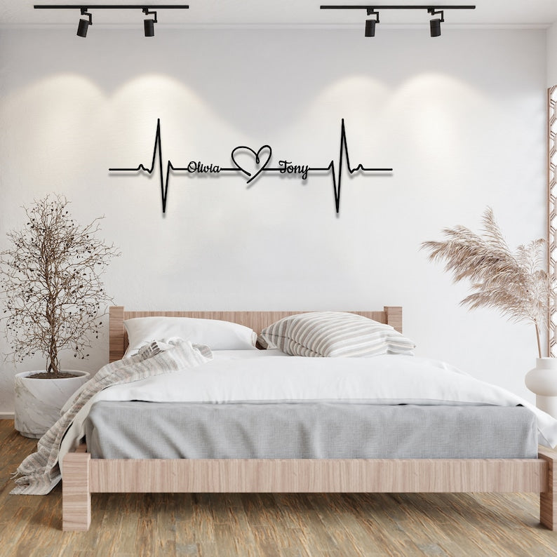 Metal Customized Names Heartbeat Sign, Personalized Heart Names, Valentine Day Gift for Couple, Heartbeat Metal Wall Art, Metal Gift for Her