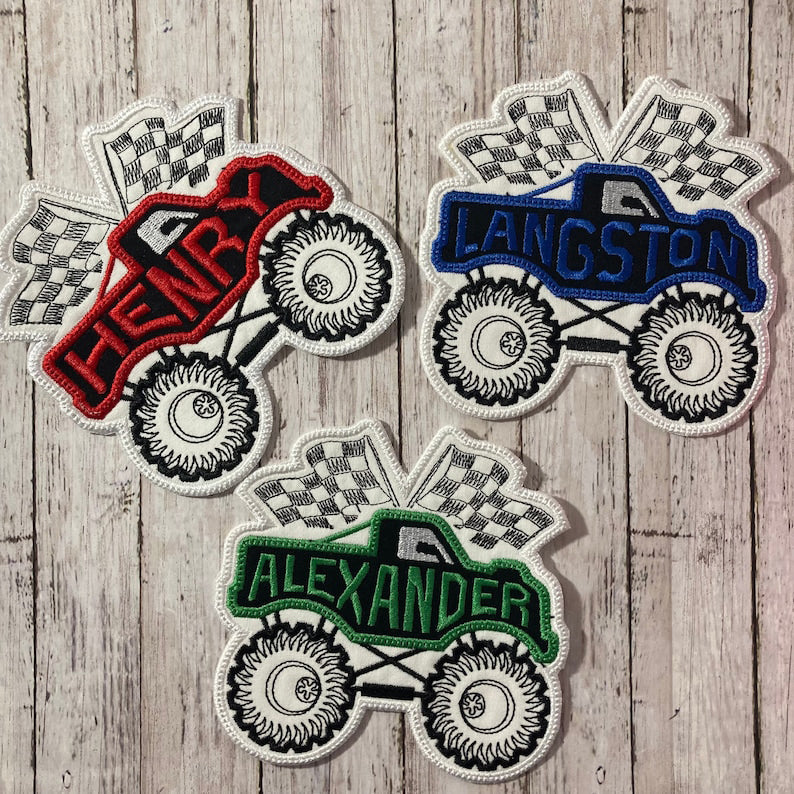 Monster Truck Race Car Checkered Flag Personalized Iron On Patch Embroidered Applique Custom Name Tag il_794xN.3641482649_cgbs.jpg
