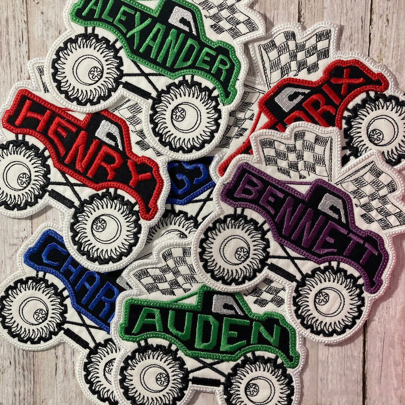 Monster Truck Race Car Checkered Flag Personalized Iron On Patch Embroidered Applique Custom Name Tag il_794xN.3641482701_j5hg.jpg