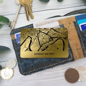 Metal wallet card with map & caption. Christmas gift for boyfriend. Personalised anniversary gifts for him Valentine's Day keepsake