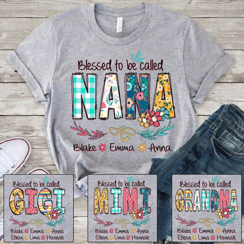 Personalized Grandma Shirt Custom Blessed To Be Called Nana Kids Art Flower Nana T-Shirt, Custom Grandma Tee with name, first time grandma