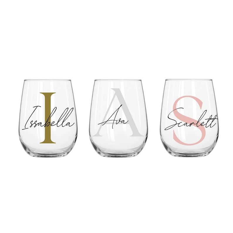 Personalised Name and Large Initial 15oz Stemless Wine Glass | Personalised Name and Age Wine Glass | Birthday Milestone | Wedding Gift