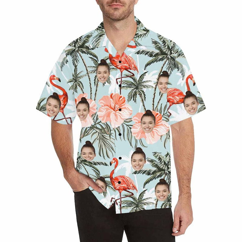 Men's All Over Print Hawaiian Shirt with Face, Custom photo Flamingo Shirts, Bachelor Party Shirts, Anniversary /Birthday/Vacation Gift