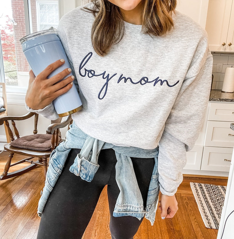 Boy Mom Personalized Crewneck Sweatshirt | Personalized Crew Neck Pullover | Embroidered Sweatshirt | Mother's Day Gift