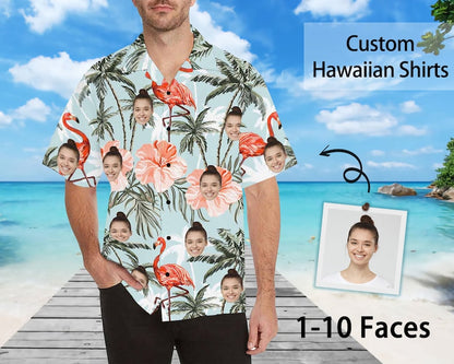 Men's All Over Print Hawaiian Shirt with Face, Custom photo Flamingo Shirts, Bachelor Party Shirts, Anniversary /Birthday/Vacation Gift