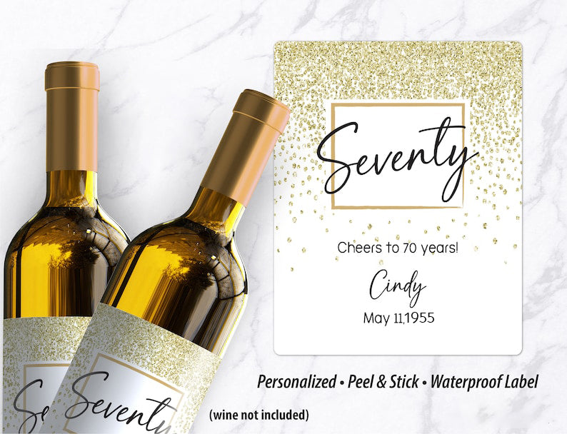70th Birthday Wine Label - Seventy Years - Gold Sparkle Birthday Label, Gift for Her, For Him Birthday Champagne label, Gift for Friend