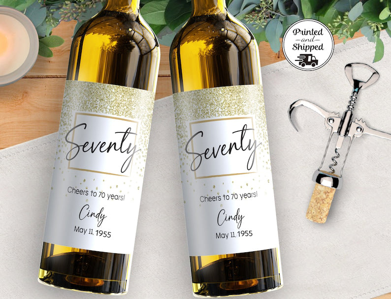 70th Birthday Wine Label - Seventy Years - Gold Sparkle Birthday Label, Gift for Her, For Him Birthday Champagne label, Gift for Friend