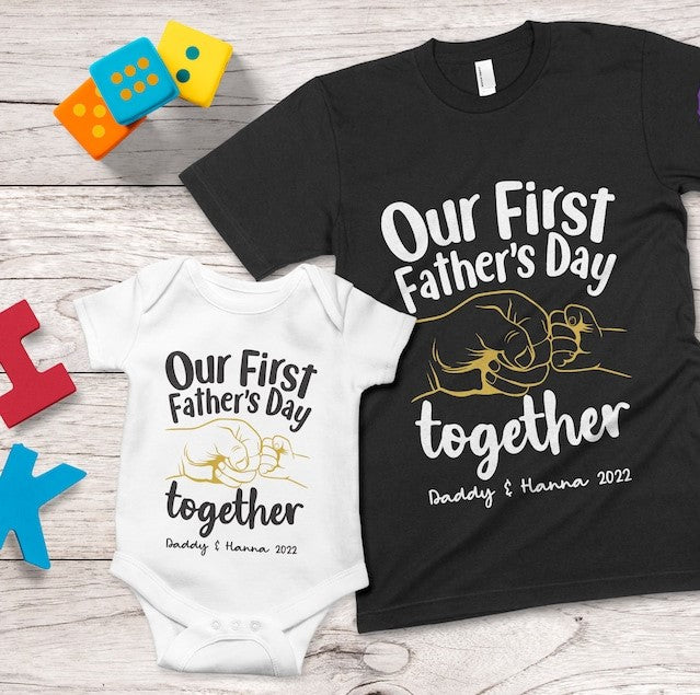Personalized Our First Father's Day Together Matching Shirt with Fistbump, Daddy & Kids T-Shirt