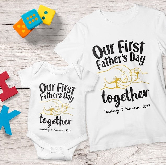 Personalized Our First Father's Day Together Matching Shirt with Fistbump, Daddy & Kids T-Shirt