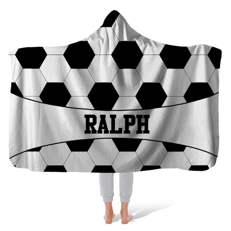 Hooded Fleece Blanket: Soccer Ball Personalized Soccer Wearable Hooded Blanket, Custom Name And Number, Christmas Gift Birthday Gift For Soccer Player Team Soccer Mom