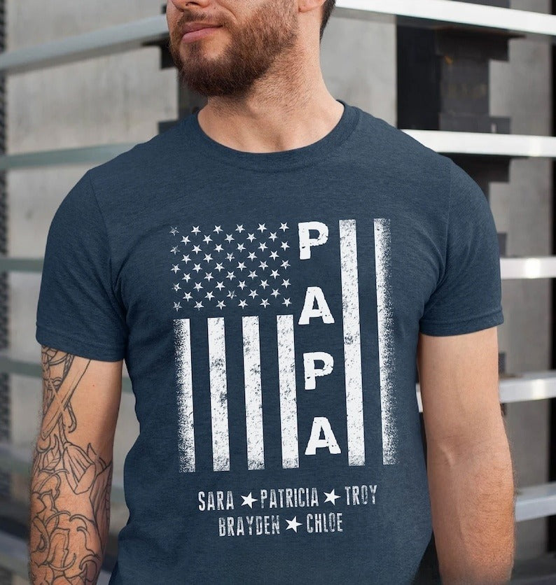 Custom Papa Flag Shirt, Personalized Papa Shirt with Kids Names, Father's Day Gift for Papa,Fathers Day Shirt, Birthday Gift For Him