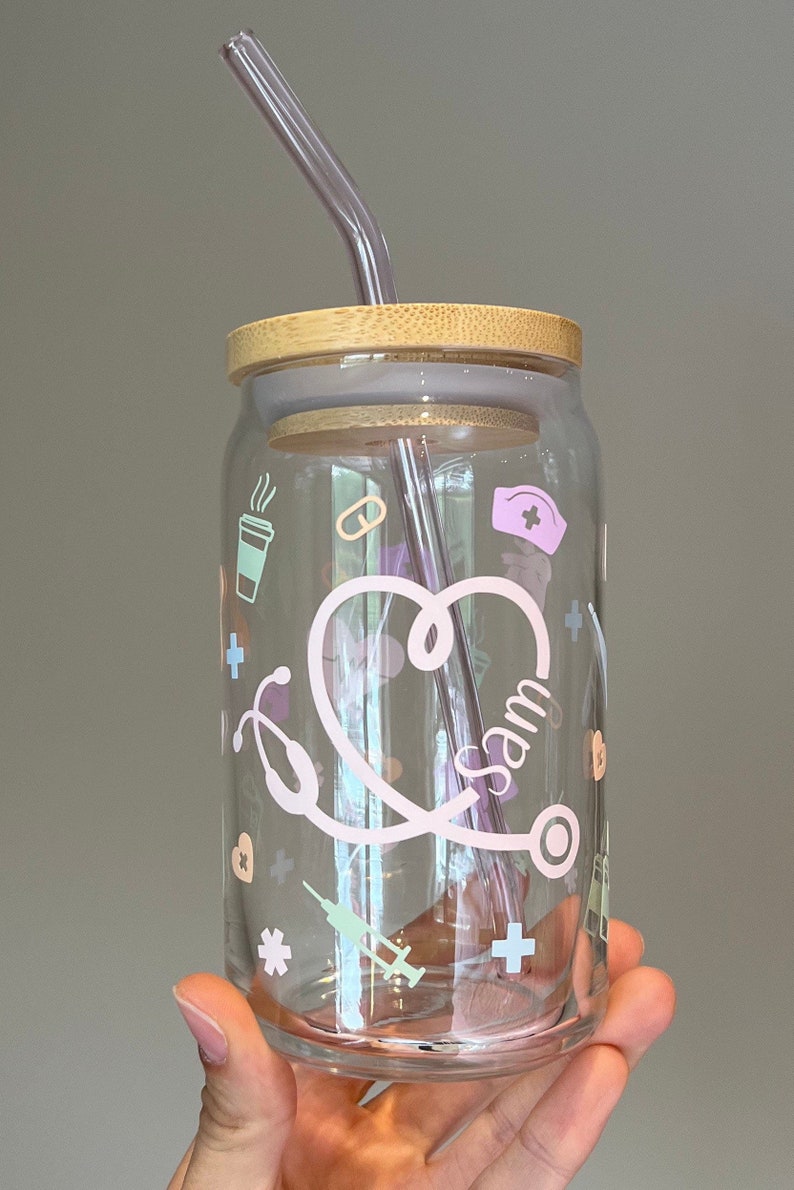Custom Nurse Libbey Glass with Bamboo Lid and Straw | Personalized Nurse Beer Can Glass | Nurse Appreciation Gift | Iced Coffee | RN LPN CNA