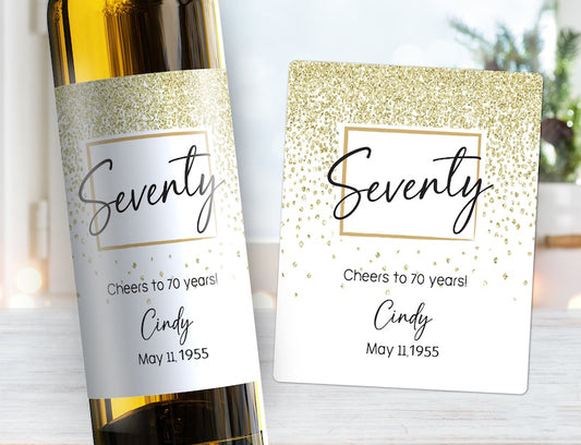 70th Birthday Wine Label - Seventy Years - Gold Sparkle Birthday Label, Gift for Her, For Him Birthday Champagne label, Gift for Friend