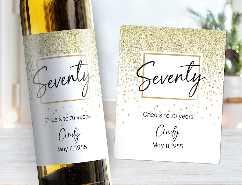 70th Birthday Wine Label - Seventy Years - Gold Sparkle Birthday Label, Gift for Her, For Him Birthday Champagne label, Gift for Friend