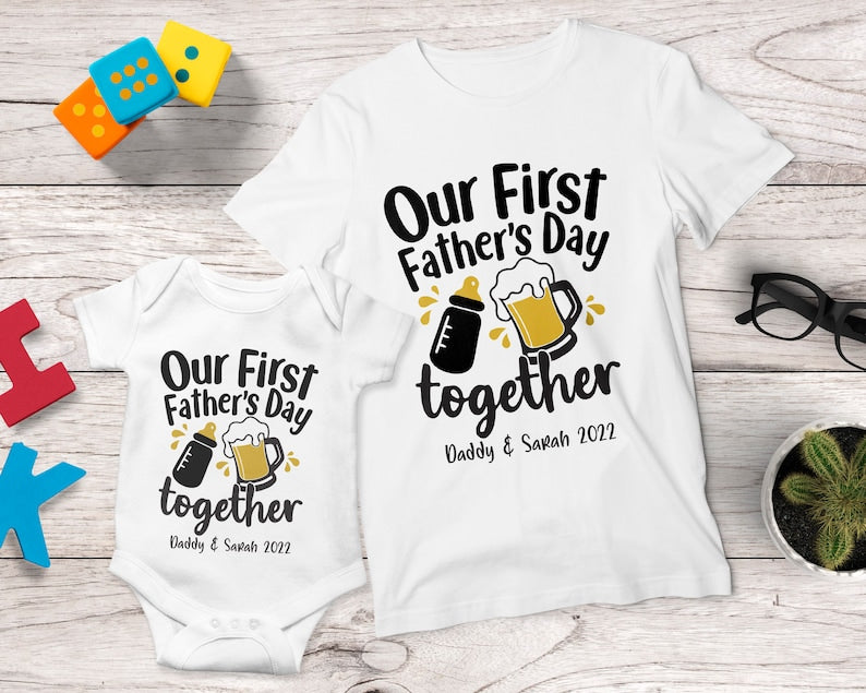 Personalized Our First Father's Day Together Matching Shirt with Beer & Baby Milk Bottle, Daddy & Kids T-Shirt