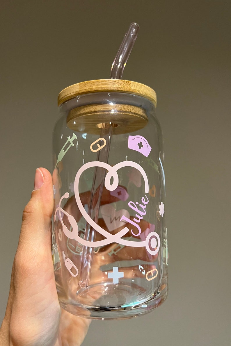Custom Nurse Libbey Glass with Bamboo Lid and Straw | Personalized Nurse Beer Can Glass | Nurse Appreciation Gift | Iced Coffee | RN LPN CNA